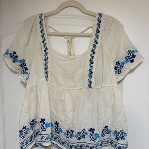 Old Navy Cream Peasant Blouse with Blue Embroidery